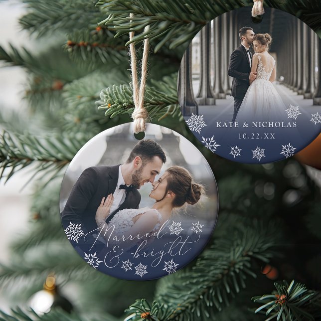 Married & Bright | Wedding Photo Christmas Ceramic Ornament (Creator Uploaded)