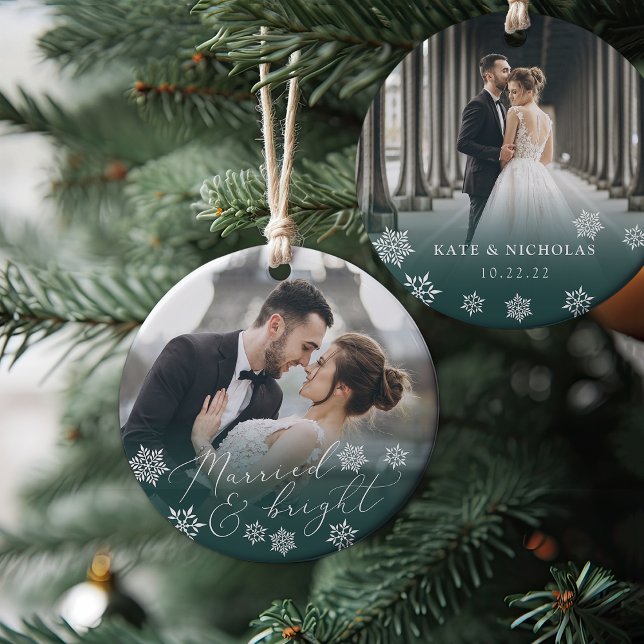 Married & Bright | Wedding Photo Christmas Ceramic Ornament (Creator Uploaded)