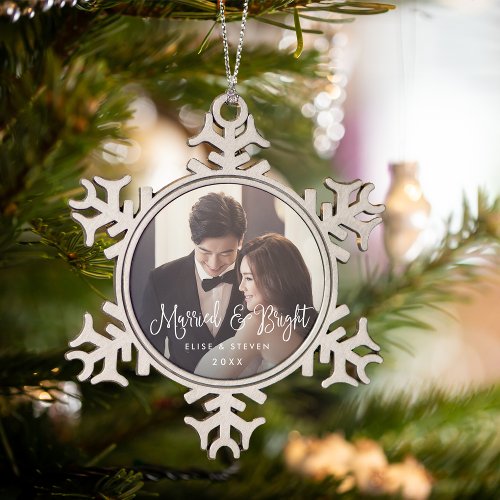 Married  Bright  Wedding Photo Snowflake Pewter Christmas Ornament