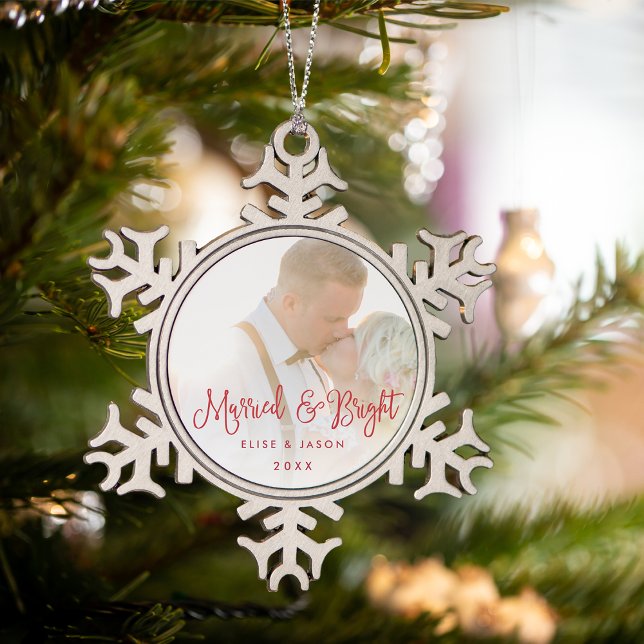 Married & Bright | Wedding Photo Snowflake Pewter Christmas Ornament (Creator Uploaded)