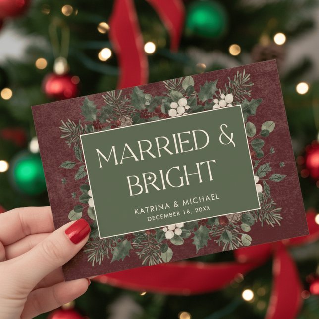 Married & Bright Winter Berries & Pine Burgundy Holiday Card (Creator Uploaded)
