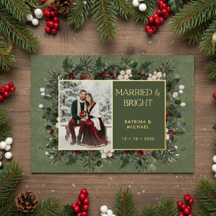 Married & Bright Winter Berries & Pine Green Photo Foil Holiday Card