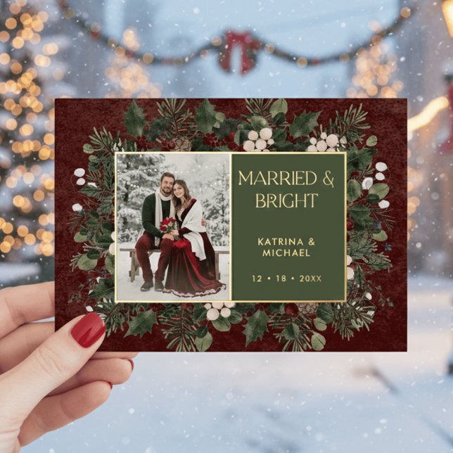 Married & Bright Winter Berries & Pine Wine Photo Foil Holiday Card (Creator Uploaded)