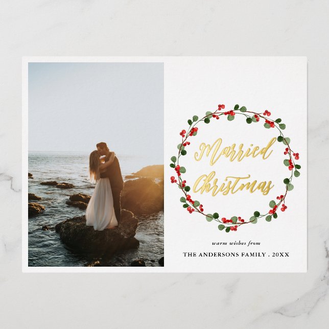 Married Christmas Berry Wreath Couple Photo  Foil Holiday Postcard (Front)