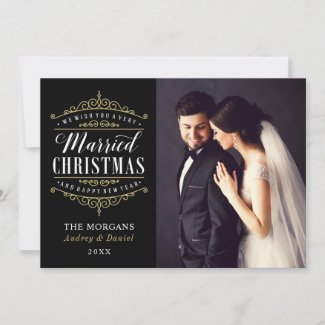 Married Christmas | Black and Gold Newlywed Photo Holiday Card