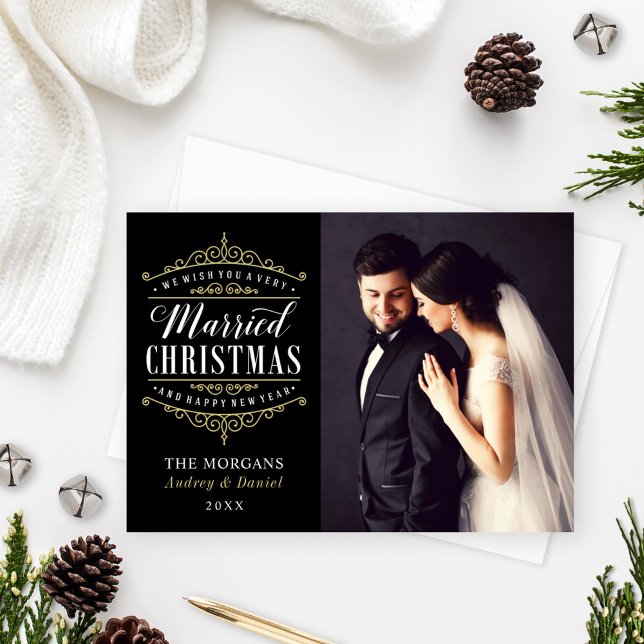 Married Christmas Black Gold Crest Photo Holiday Card (Creator Uploaded)