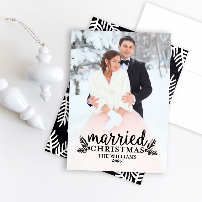 Married Christmas Black Winter Wedding Photo Holiday Card (Creator Uploaded)
