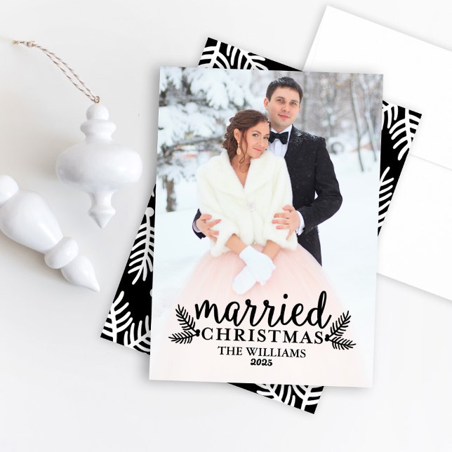 Married Christmas Black Winter Wedding Photo Holiday Card (Creator Uploaded)