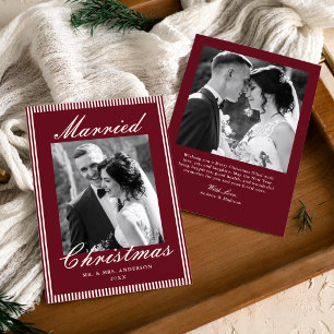 Married Christmas Burgundy Stripes Newlywed Photo Holiday Card