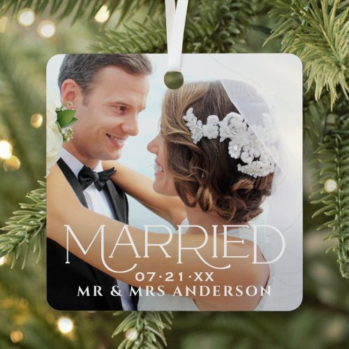 Married Christmas Custom Wedding Photo Monogram Metal Ornament