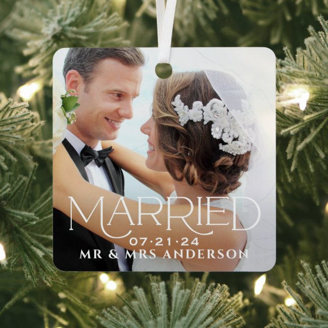 Married Christmas Custom Wedding Photo Monogram Metal Ornament (Insitu)