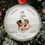 Married Christmas Cute Mistletoe Newlyweds Photo  Metal Ornament<br><div class="desc">Cherish your first Christmas together with our 'Married Christmas' ornament. Customized for the newlyweds' joyous memories with your favorite wedding photo as well as a cute watercolor mistletoe illustration,  your names and date of nuptials.🎄📸✨ #FirstChristmasJoy #PersonalizedKeepsake</div>