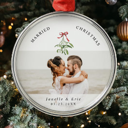 Married Christmas Cute Mistletoe Newlyweds Photo Metal Ornament