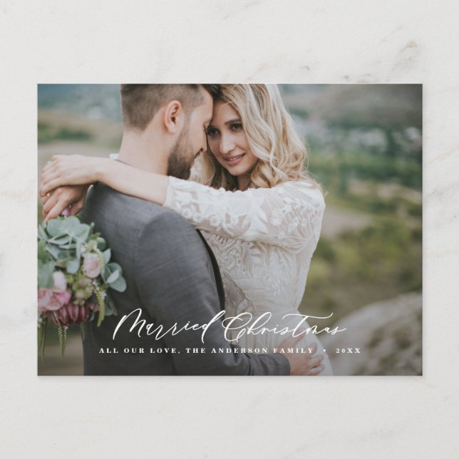 Married Christmas elegant botanical photo newlywed Holiday Postcard (Front)