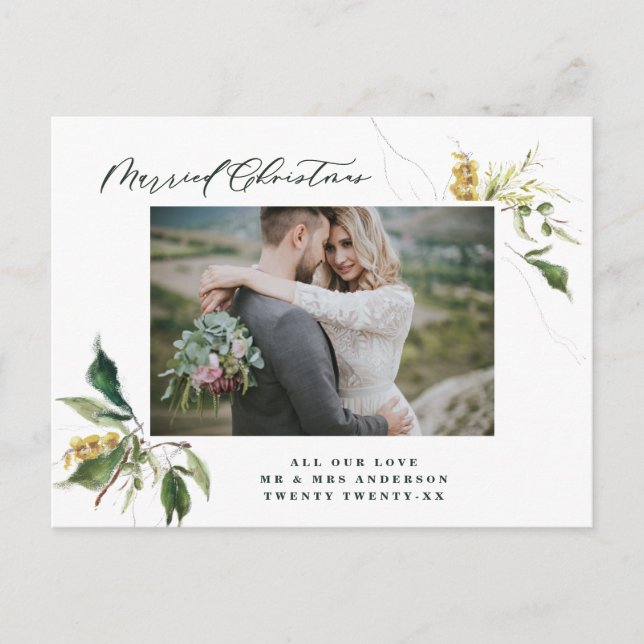 Married Christmas elegant botanical photo newlywed Holiday Postcard (Front)