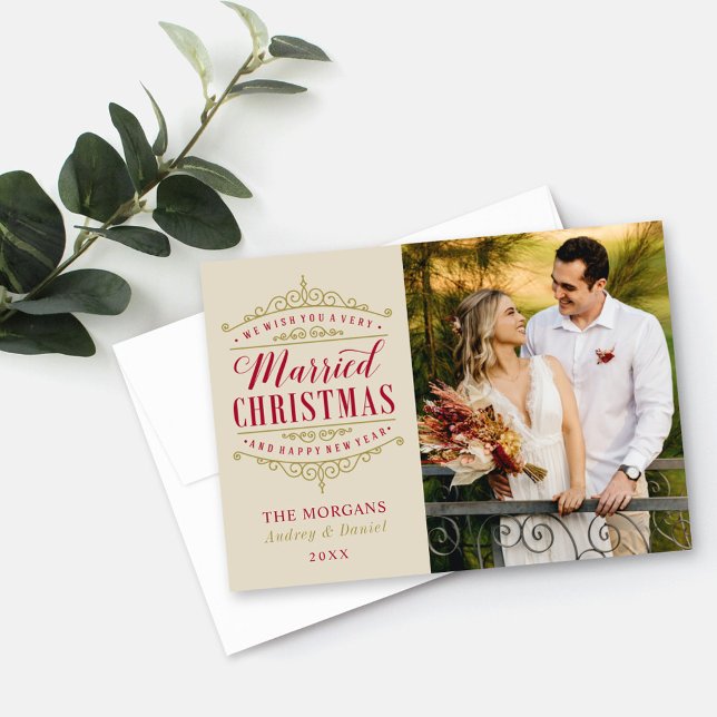 Married Christmas Elegant Gold Crest Photo Holiday Card (Creator Uploaded)