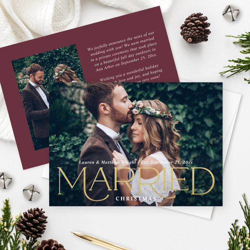 Married Christmas Elegant Gold Type Wedding Photo Holiday Card
