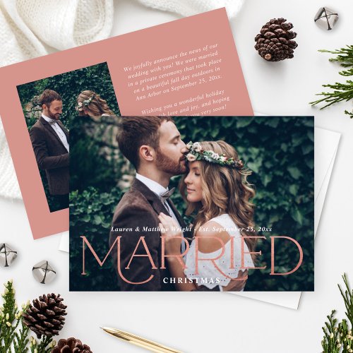 Married Christmas Elegant Rose Gold Wedding Photo Holiday Card