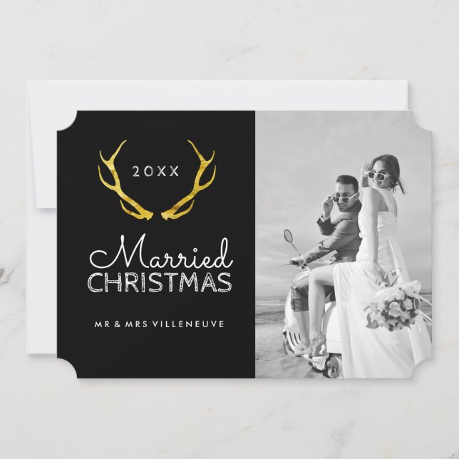 Married Christmas Gold Antlers Photo Cards (Front)