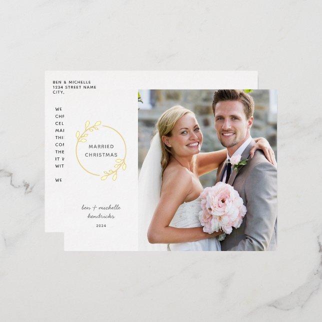 Married Christmas Gold Foil Wreath Photo Foil Holiday Postcard (Front/Back)