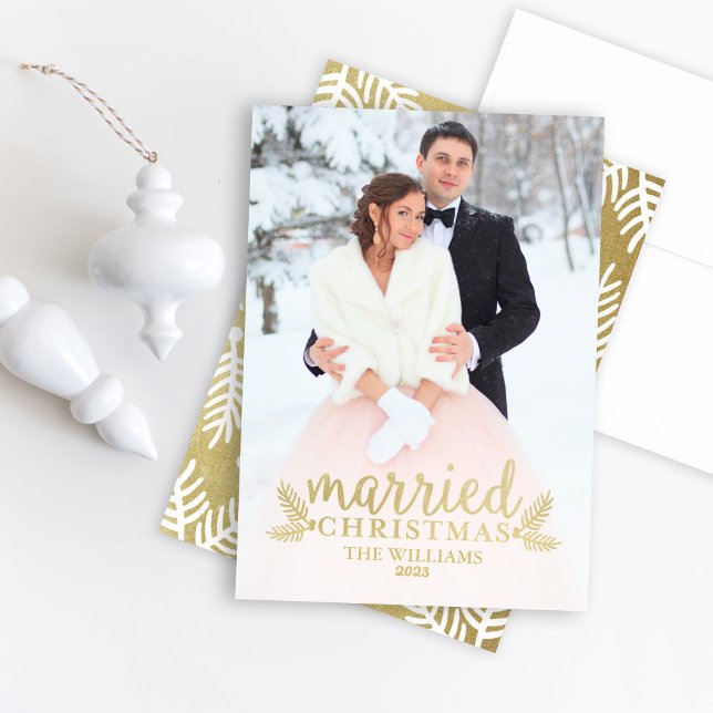 Married Christmas Gold Winter Wedding Photo Holiday Card (Creator Uploaded)