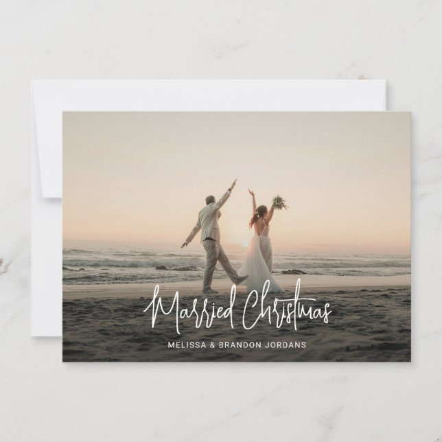 Married Christmas Handwritten Script 4 Photo Strip Holiday Card (Front)