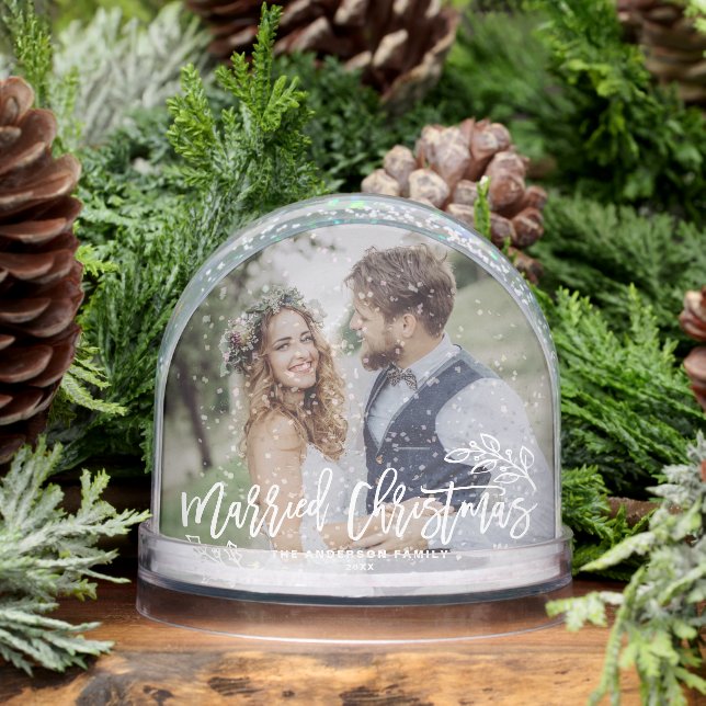 Married Christmas Modern Calligraphy Wedding Photo Snow Globe (Winter)