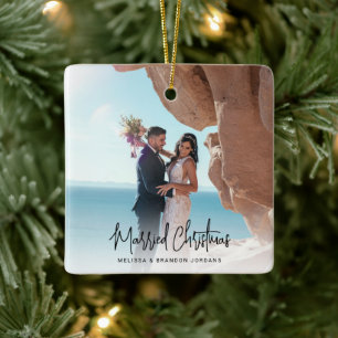 Married Christmas Modern Hand-Lettered 2 Photo Ceramic Ornament