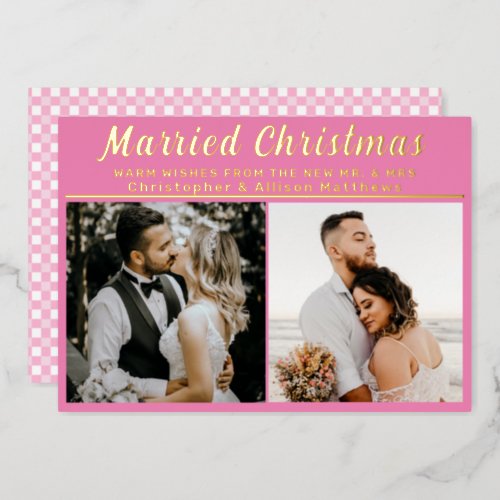 Married Christmas Newlywed Brush Script 3 Photo Foil Holiday Card