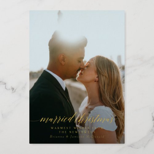 Married Christmas Newlywed Photo Black Gradient Foil Holiday Card
