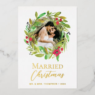 Married Christmas Newlywed Photo Foil Wreath Holiday Card