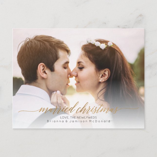 Married Christmas Newlywed Photo | Gold Holiday Postcard (Front)
