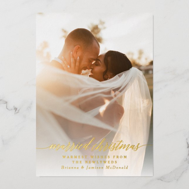 Married Christmas Newlywed Photo White Gradient Foil Holiday Card (Front)