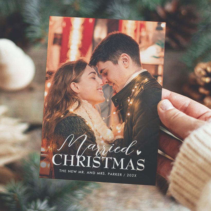 Married Christmas Newlywed Simple Stylish 2 Photo                    Holiday Card