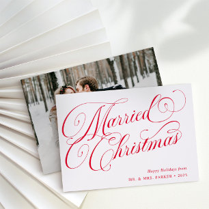Married Christmas   Red Calligraphy and Photo Letterpress Photo Cards