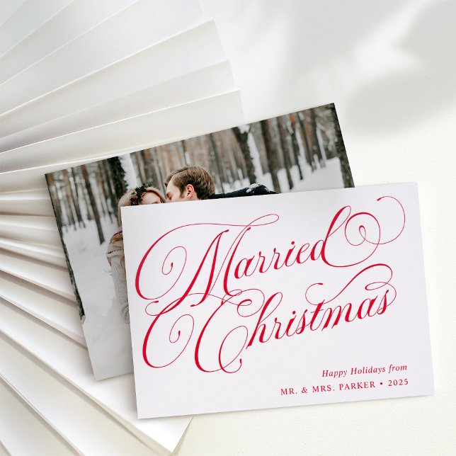 Married Christmas | Red Calligraphy and Photo Letterpress Photo Cards (Creator Uploaded)