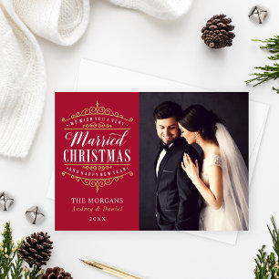Married Christmas Red Gold Crest Photo Holiday Card