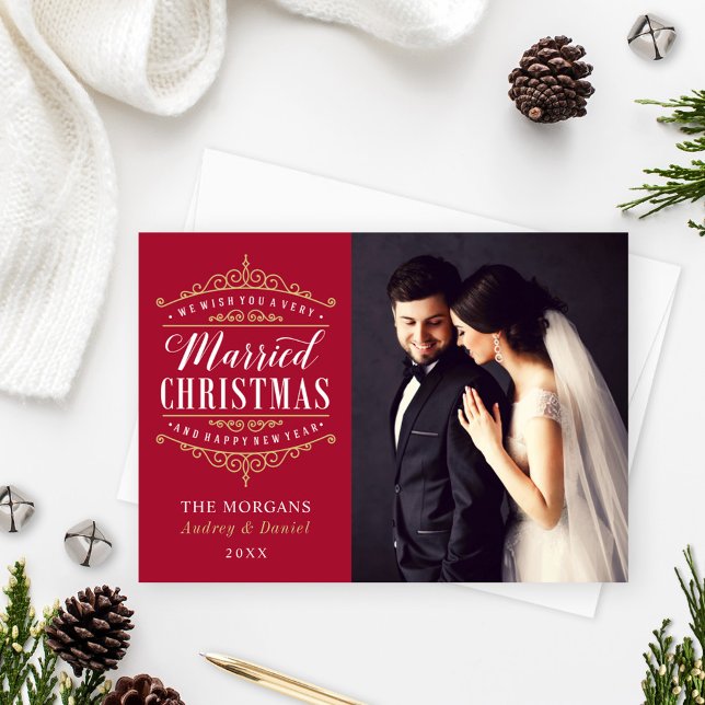Married Christmas Red Gold Crest Photo Holiday Card (Creator Uploaded)