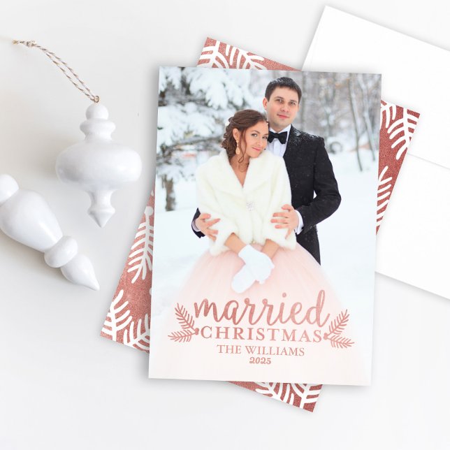 Married Christmas Rose Gold Winter Wedding Photo Holiday Card (Creator Uploaded)