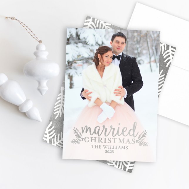 Married Christmas Silver Winter Wedding Photo Holiday Card (Creator Uploaded)