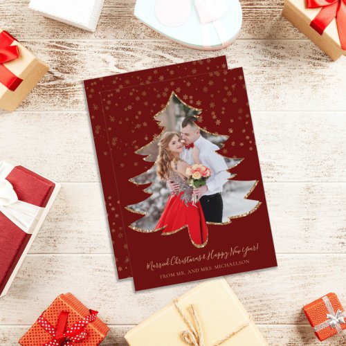 Married Christmas Tree Photo Gold Glitter Holiday Card