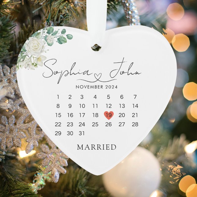 Married Christmas Wedding Date Heart Script Ornament (Married Christmas Wedding Date Heart Script Ornament)