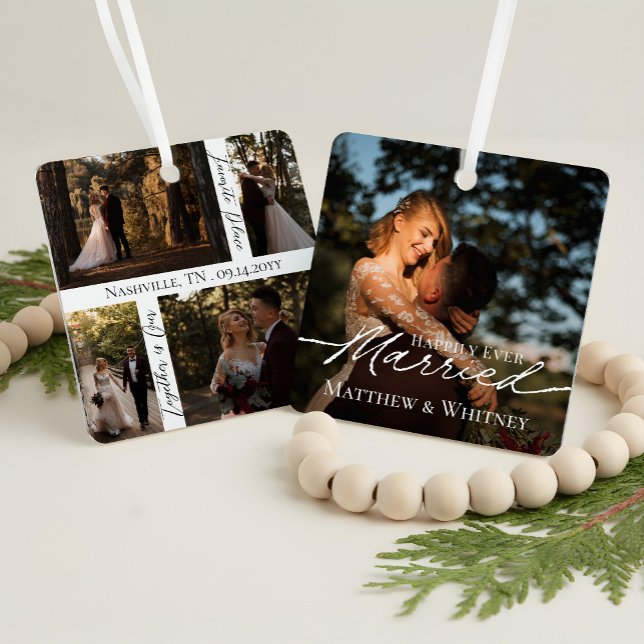 Married Couple 1st Christmas Elegant Photo Collage Metal Ornament (Married Couple 1st Christmas Elegant Photo Collage Metal Ornament)