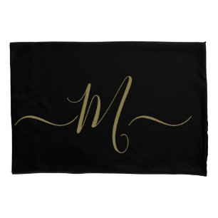 Married couple elegant initial monogram black gold pillow case