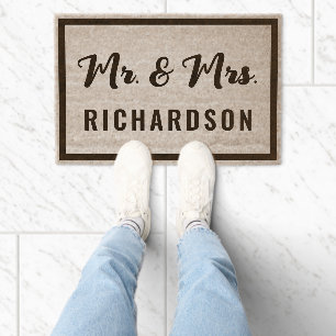 Married Couple Mr And Mrs Family Name Typography Fiber Doormat