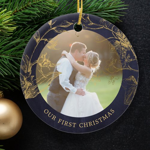 Married couple photo first Christmas elegant Ceramic Ornament