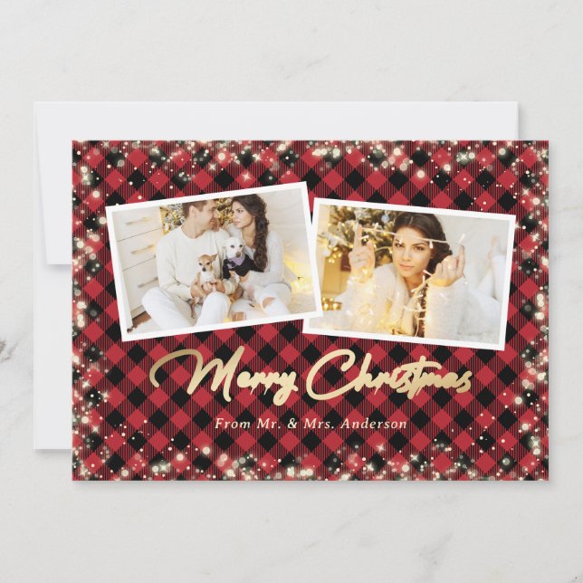 Married Couple Red Plaid Photo Merry Christmas Holiday Card (Front)