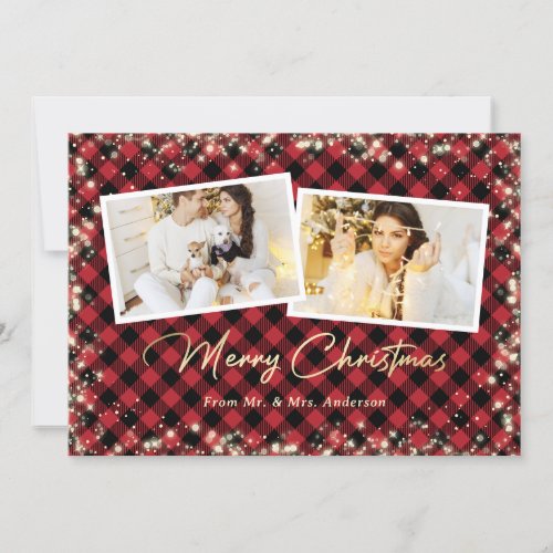Married Couple Red Plaid Photo Merry Christmas Holiday Card