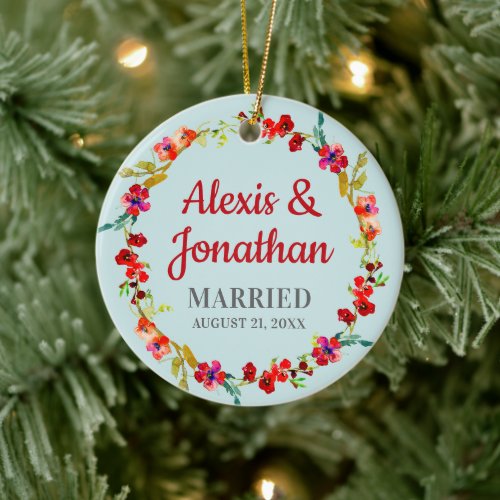 Married Couple Watercolor Wreath Personalized Ceramic Ornament