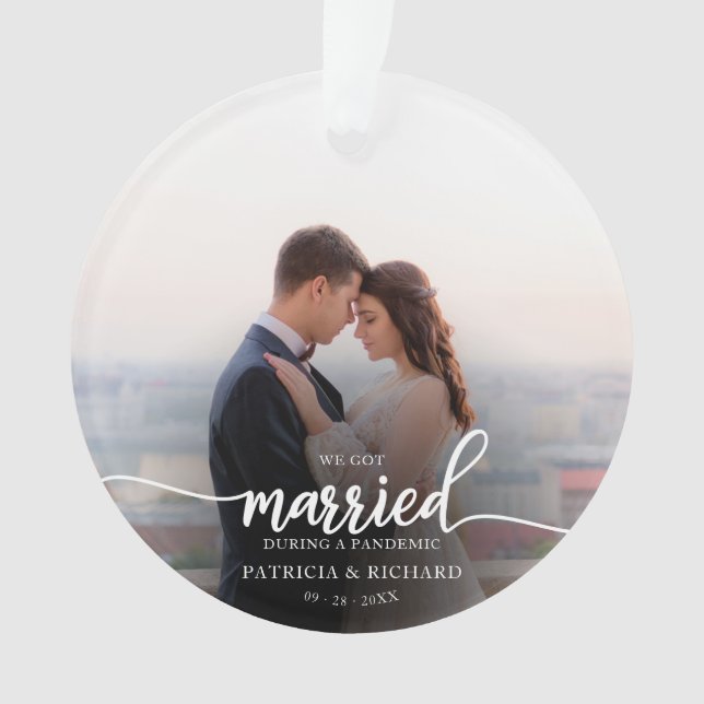 Married During a Pandemic Photo Elegant Script Ornament (Front)